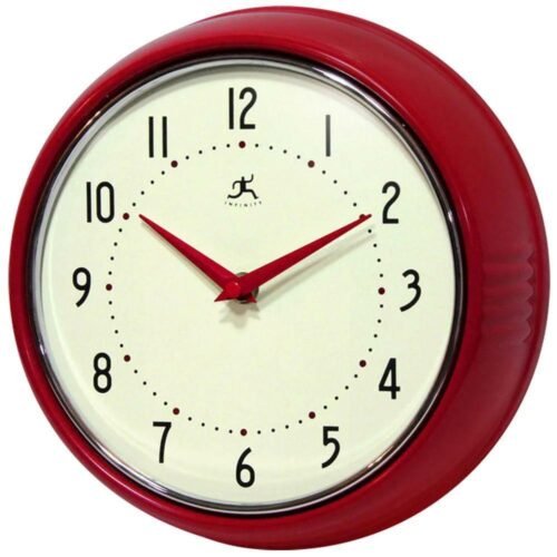 Infinity Instruments Retro Wall Clock Red Metal Quartz Movement Chrome Trim Ring