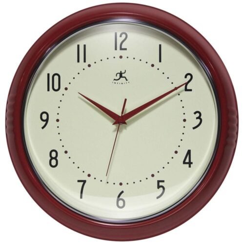 Infinity Instruments Retro Wall Clock Red Metal Quartz Movement Chrome Trim Ring