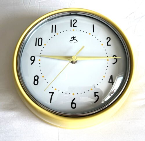 Infinity Instruments Retro Wall Clock Yellow Metal Quartz Mvmt Chrome Trim Ring