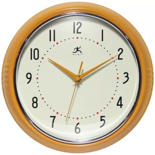 Infinity Instruments Wall Clock 12 in. Retro Round Yellow Saffron Aluminum Frame