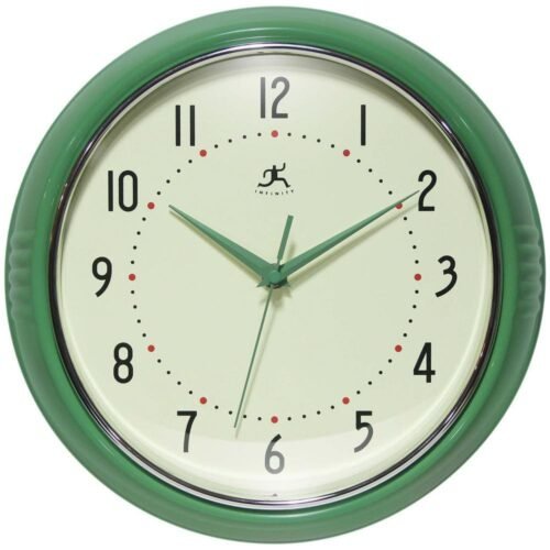 Infinity Instruments Wall Clock 12" Round Green Aluminum Retro Quartz Silent
