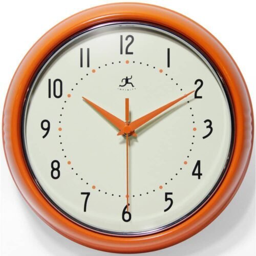 Infinity Instruments 9.5 in Orange Retro Round Metal Wall Clock Silent Quartz