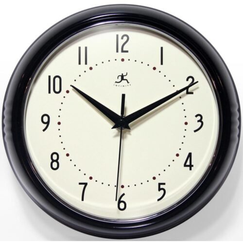 Infinity Instruments Wall Clock Retro 9.5" Round Black Glass Face Silent Quartz