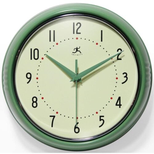 Infinity Instruments Wall Clock Retro 9.5" Round Green Glass Face Silent Quartz