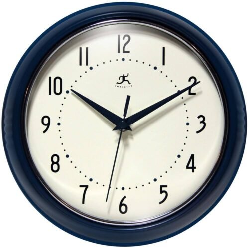 Infinity Instruments Wall Clock Retro Round 9.5" Blue Silent Quartz Glass Face
