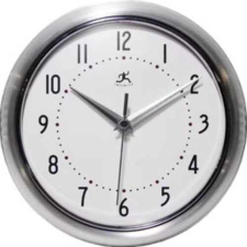 Infinity Instruments Wall Clock Retro Round Silver Classic 9.5" Stylish Decor