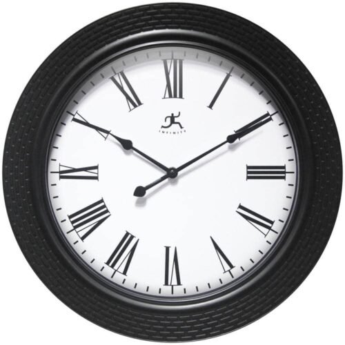 Infinity Instruments Wall Clock Roman Weave Black 16" Round Quartz White Face