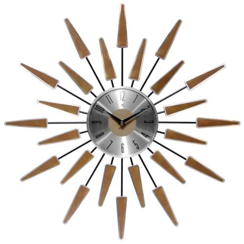 Infinity Instruments Wall Clock Sunburst Shape Non-ticking Glass Face in Walnut