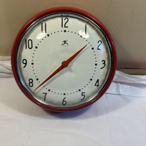 Infinity Red Retro 9.5â Metal Wall Clock Round Industrial Diner Tested & Working