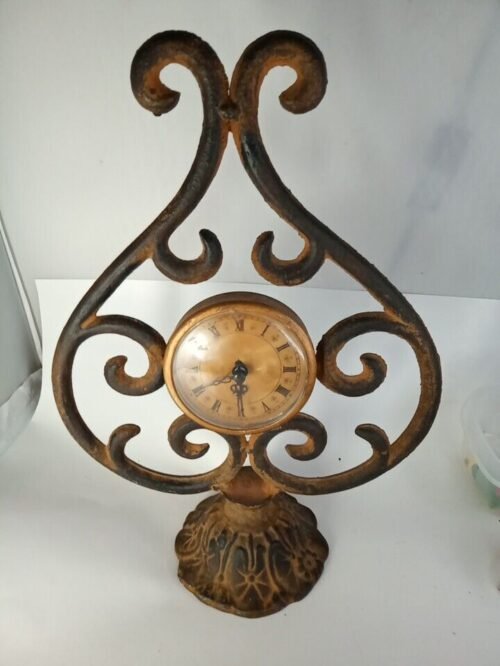 Iron Table Mantle Quartz Clock 12" Tall Vintage Scroll Wrought 12" Tall Works