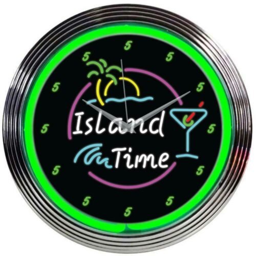 Island Time Beach Green Cocktail Neon Wall Clock 15" Diameter 8ITIME Neonetics