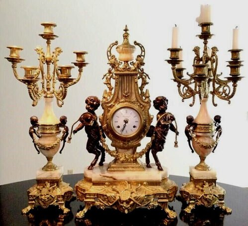 ITALIAN BREVETTATO 3 PIECE BRASS & MARBLE IMPERIAL CLOCK & MATCHING CANDELABRAS