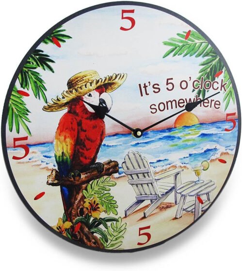 It'S Five O'Clock Somewhere Tropical Parrot Design Wall Clock - 15 Inches in Dia