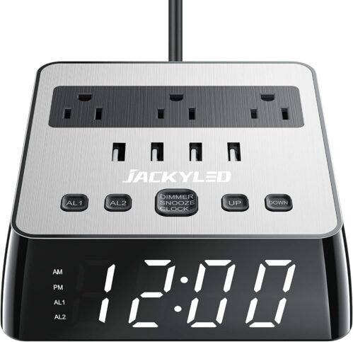 JACKYLED Alarm Clock with USB Charger Power Strip Power Outlets Charging Station