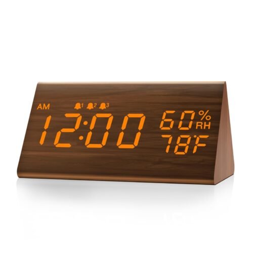 JALL Digital Alarm Clock, with Wooden Electronic LED Time Display, 3 Alarm