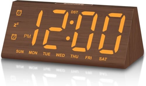 JALL Wooden Digital Alarm Clocks for Bedroom, With Large Bold Digits, USB, Brown