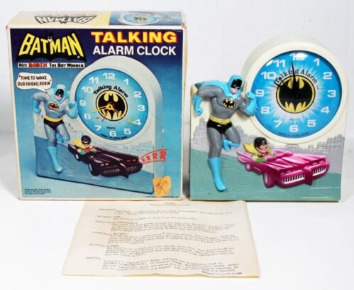 JANEX 1974 TALKING ALARM CLOCK w/ROBIN THE BOY WONDER, WORKING w/BOX & INSTRUCT.