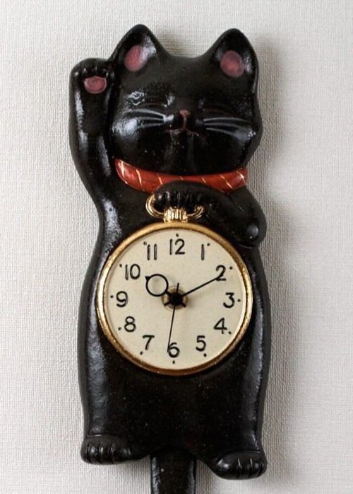 Japanese Black Lucky Cat Manekineko Wall Pendulum Clock Pottery Seto ware Gift