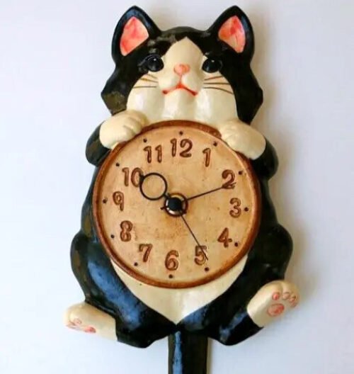 Japanese Lucky cat Manekineko Wall Pendulum Clock Black White Pottery Seto ware