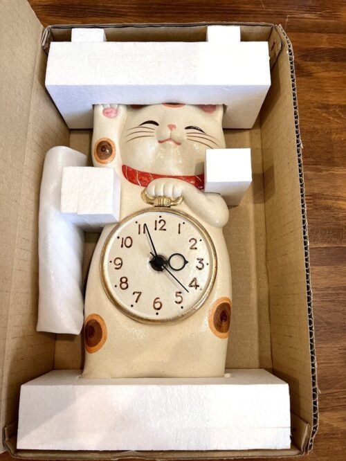 Japanese White Lucky Cat Manekineko Pendulum Wall Clock Pottery SETO ware