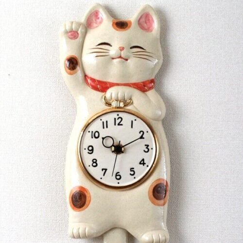 Japanese White Lucky Cat Manekineko Pendulum Wall Clock Pottery Seto ware Gift