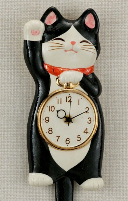Japan Lucky Cat Manekineko Pendulum Wall Clock Hachi Black&White Seto ware Gift