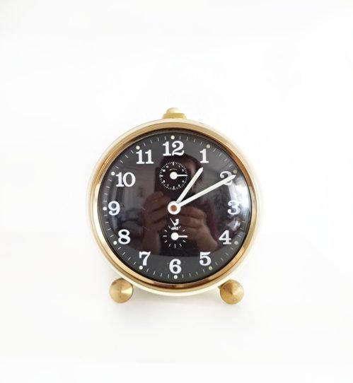 Jaz French Vintage Metal Table Clock - Beige with Black Dial & Alarm