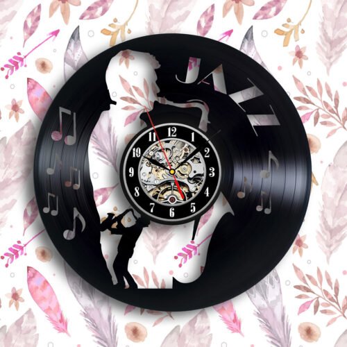 Jazz music vinyl wall clock 12 inches gift jazz lover, jazz band saxophone art