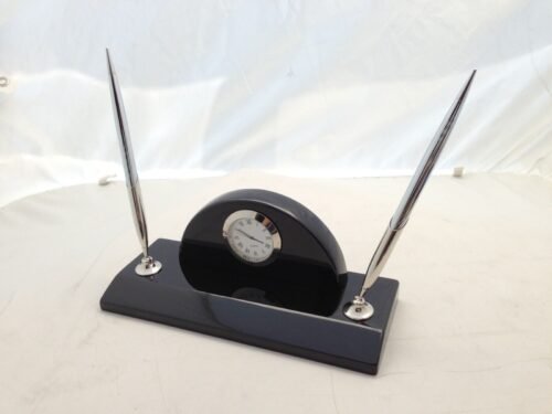 JCF Piano Finish High Gloss Desk Clock With Double Pen Stand Set