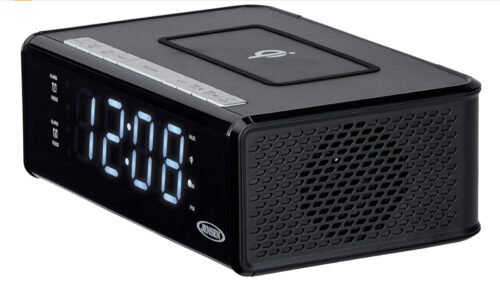 Jensen QiCR-200 Digital Dual Alarm Clock AM/FM Radio Wireless Qi Charging Black