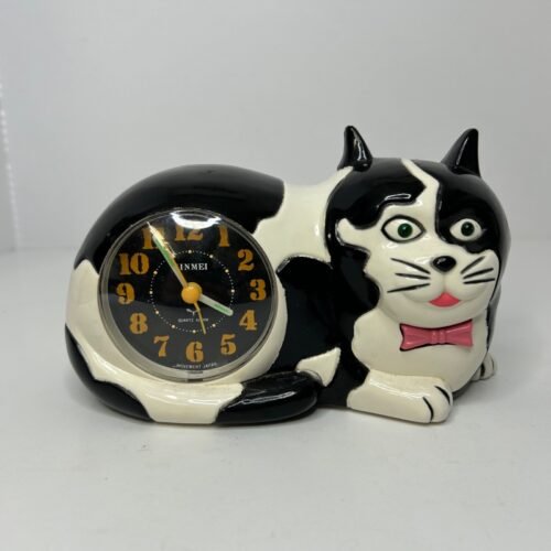 JinMei 1989 VTG Black White Retro Cat Alarm Clock W/Light Up Eyes & Meow Works!