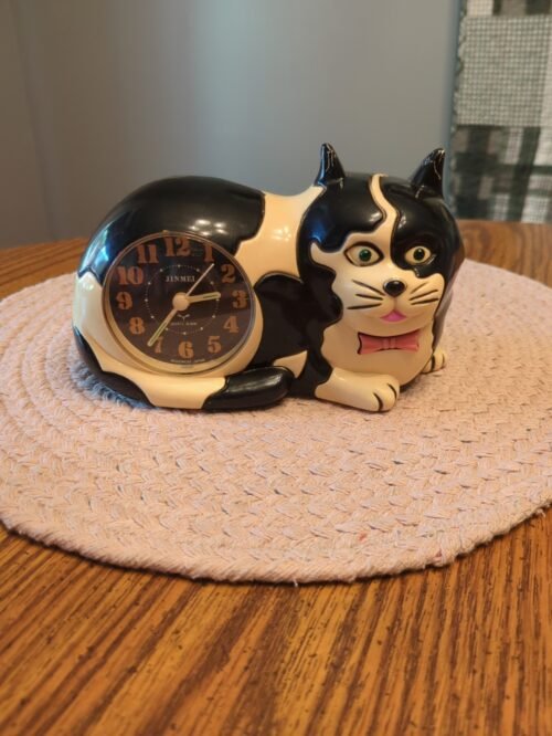 JINMEI Cat Alarm Clock W/Cat Meow Alarm SOUNDS Black/White RARE Vtg 1989 Japan