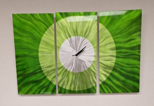 JON ALLEN Modern Metal Hanging Sculpture Wall Clock / Silver &Green 38 x 24"