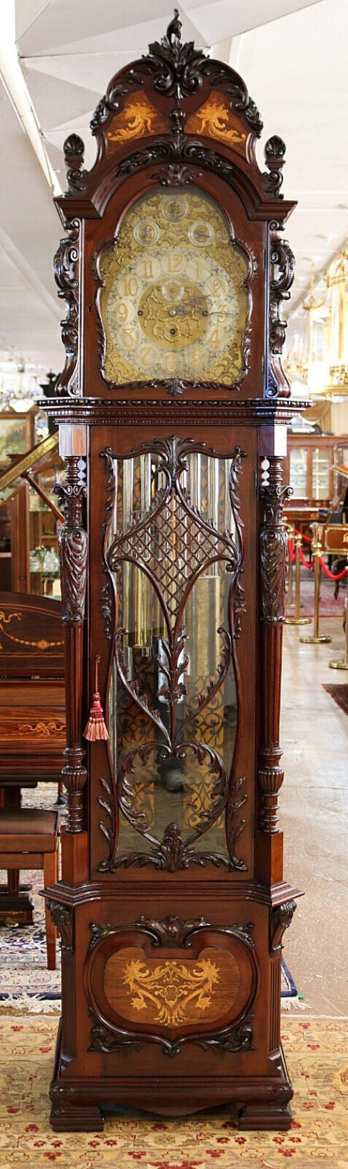 J.W Benson 19th Century 9 Tube Mahogany Inlaid Tall Case Grandfather Clock