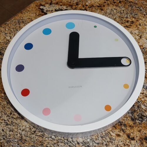 Karlsson Eclipse Hanging Wall Clock White Face Steel Case Multicolor Dial Nice!
