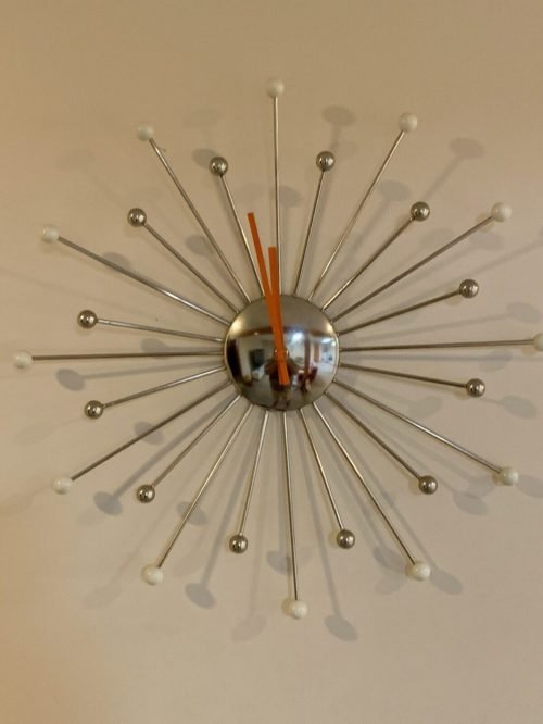 Karlsson Style Starburst Atomic Wall Clock Silver White Balls Orange Hands 17.5"