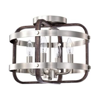 Kasia 14 in. 4-Light Indoor Satin Silver and Faux Wood Grain Finish...