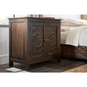 Katya Dark Coffee Brown Hand Carved Wood Nightstand (32 in W. X...