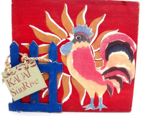 Kauai Sunrise Rooster Crowing Plaque Hawaii Alarm Clock Red Painted Wood