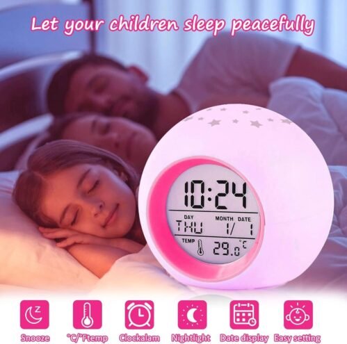 Kids Alarm Clock,Moon Stars Projector Alarm Clock,7 Color Changing Night Light