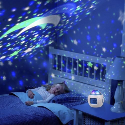 Kids Alarm Clock Moon Stars Projector Alarm Clock 7 Color Changing Temperature D