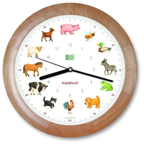 KidsWorld Wood, Wall Clock for Children with Natural Sounds, 12 Farm Animals