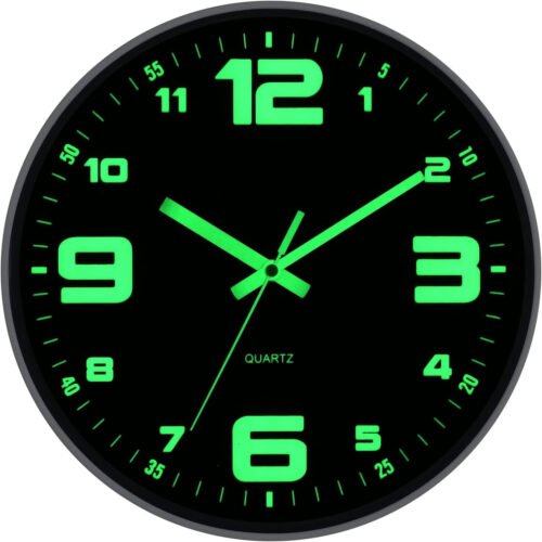 Kinatime Silent 12-Inch Glow in the Dark Battery Operated Wall Clock