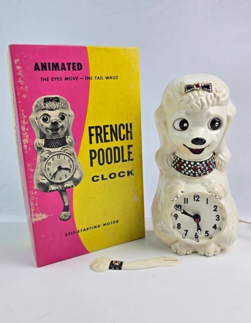 Kit Cat French Poodle Jeweled Clock w/ box Works -sticks- Keeps Accurate time -