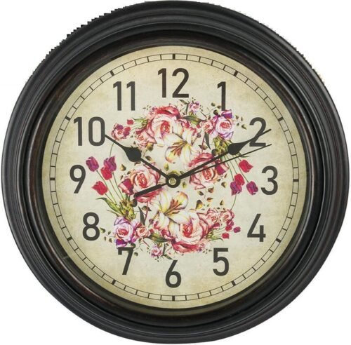 Kitchen Plastic Decorative Wall Clock, 12", COLORFUL FLOWERS, brown frame, E&B