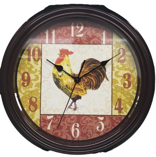 Kitchen Plastic Decorative Wall Clock, 12", COLORFUL ROOSTER, brown, E&B