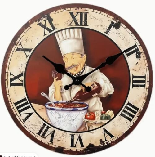 Kitchen Round Wall Wooden Clock (12" Dia.) FAT CHEF POURING WINE, roman numbers