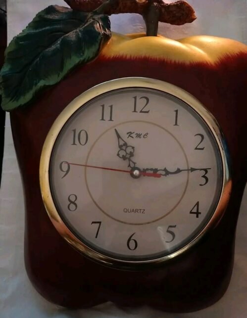 KMC Vintage Red Apple Wall Kitchen Clock Resin Large Battery Op 15x12" Works