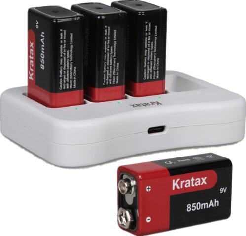 Kratax 9 Volt Batteries 9V Rechargeable Lithium Batteries 850mAh and Charger Kit