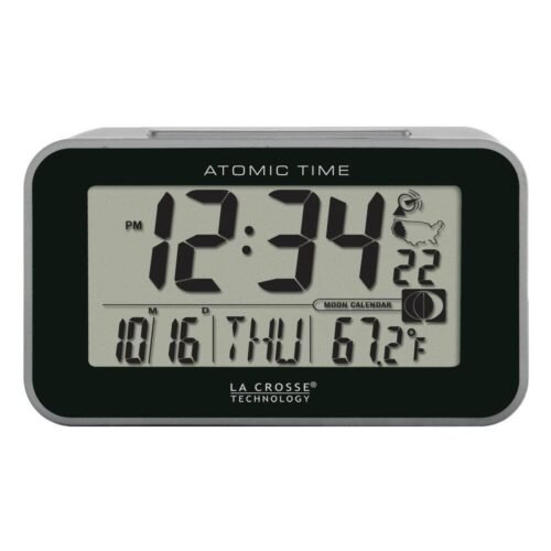 La Crosse Atomic Digital Alarm Clock Indoor Temp Moon Phase Travel Silver